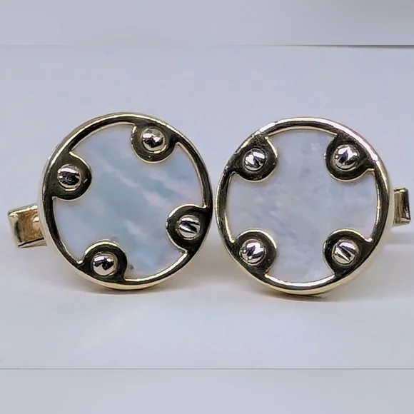14k yellow Gold 585 Mother of Pearl Screw Pattern Cufflinks